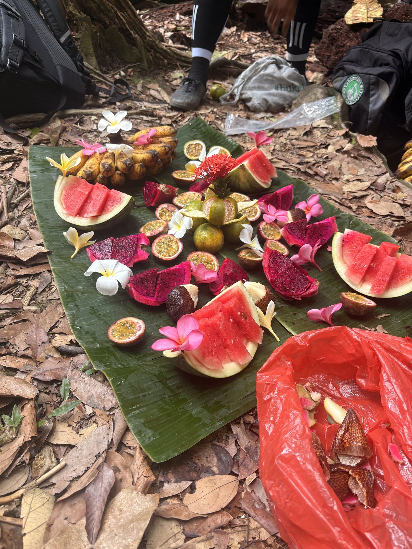 Colourful tropical fruit laid out on banana leaves during a jungle trek